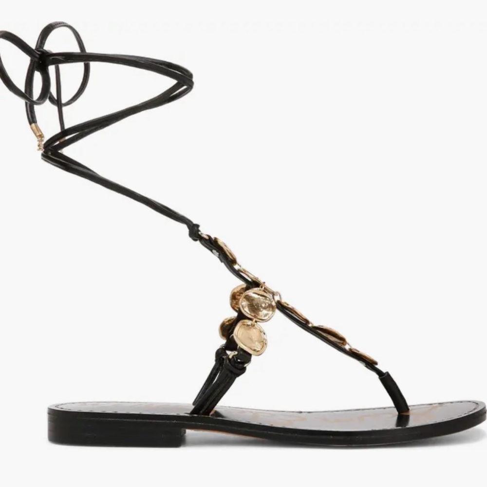 Sam Edelman Deirdre Strappy Ankle Wrap Sandals 8.5 NWT Black Gold Ankle Tie - Picture 6 of 13